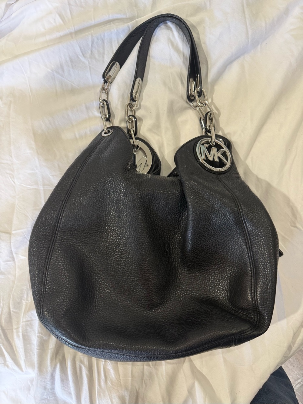 Michael Kors Black Pebbled Leather Shoulder Hobo with Silver MK Charm